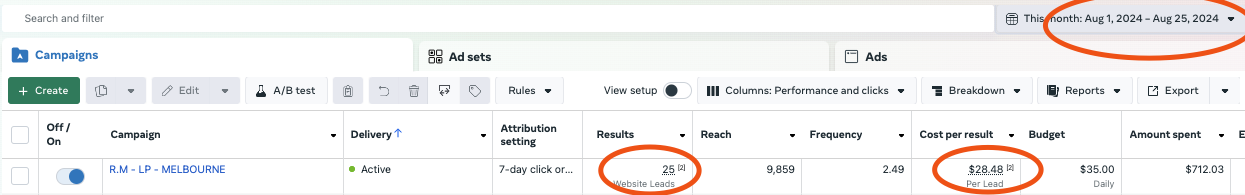 A Game Property Meta Ads Manager — results row