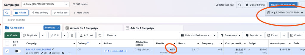 A Game Property Meta Ads Manager — ad set row