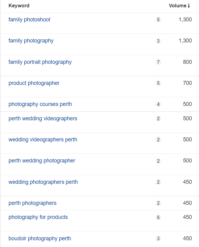 Cobo Photography — SEO keyword research overview