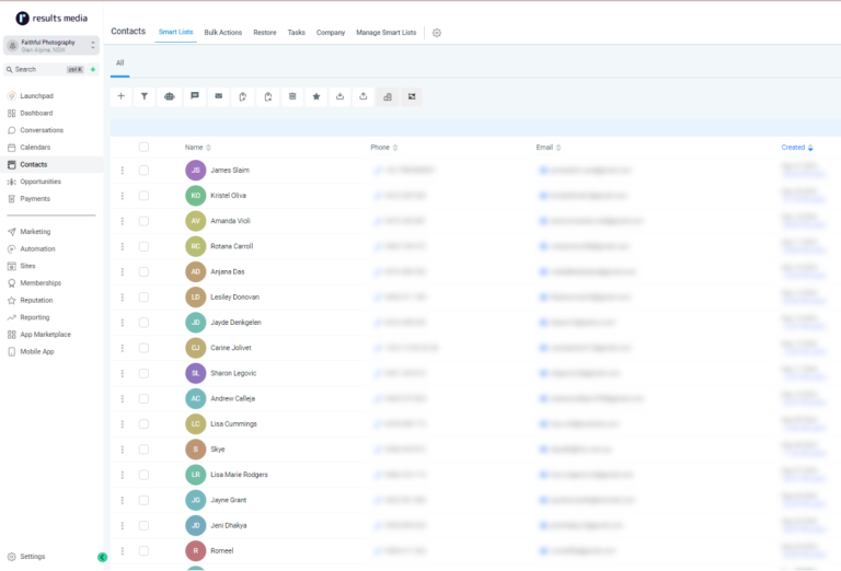 Results Media CRM — Faithful Photography leads list showing captured contacts from Meta and Google Ads