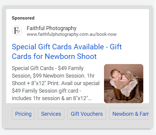 Google Search ad preview — Faithful Photography Special Gift Cards Available