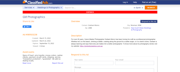 GM Photographics — ClassifiedAds directory listing for Graham Monro