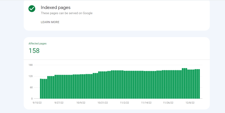 Google Search Console — Indexed Pages for GM Photographics growing to 158 affected pages