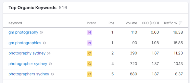 Ahrefs Top Organic Keywords — gm photography #1, gm photographics #1, photography sydney #2, photographer sydney #4