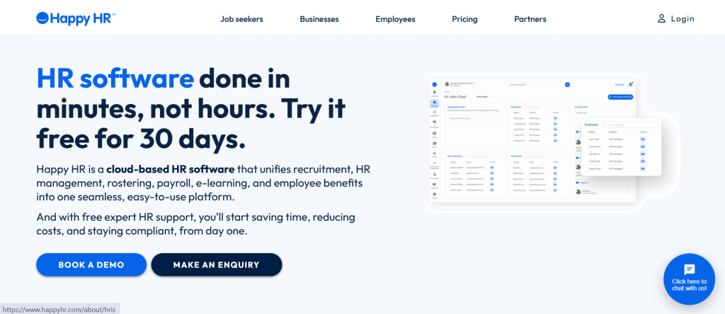 Happy HR landing page — HR software done in minutes, not hours