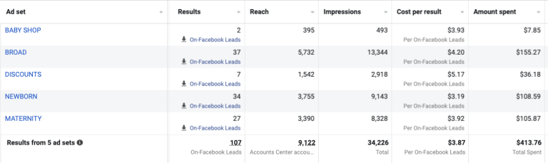 Janette Osvay Photography Meta Ads dashboard — 107 leads across 5 ad sets at $3.87 CPL
