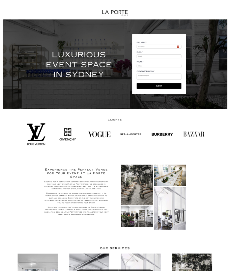 La Porte Space landing page — Luxurious Event Space in Sydney