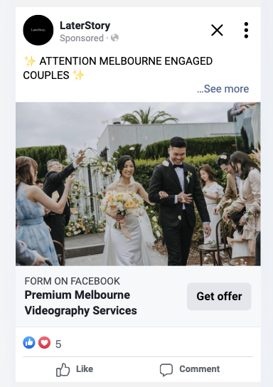 Later Story Meta ad creative — Attention Melbourne Engaged Couples, Premium Melbourne Videography Services