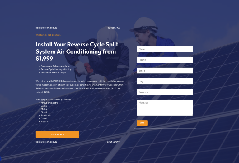 LEDCOM landing page — Install Your Reverse Cycle Split System Air Conditioning from $1,999, government rebates available