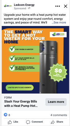 LEDCOM Meta ad — The Smart Way To Get A Hot Water System For Your Home, $0 plus install fee