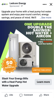 LEDCOM Meta ad — One Upgrade Double The Savings, Hot Water + Aircon