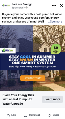 LEDCOM Meta ad — Stay Cool In Summer Stay Warm In Winter, Heat Pump + Reverse-Cycle A/C