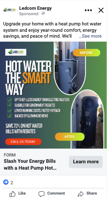 LEDCOM Meta ad — Hot Water The Smart Way, save 70% on hot water bills with rebates