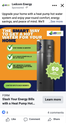 LEDCOM Meta ad — The Smart Way To Get A Hot Water System, $0 plus install fee, limited spots