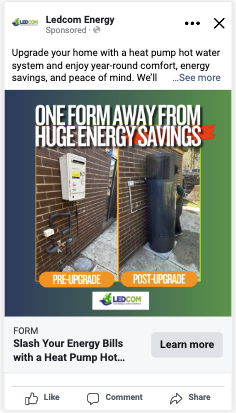 LEDCOM Meta ad — One Form Away From Huge Energy Savings, pre-upgrade vs post-upgrade