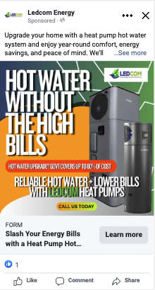 LEDCOM Meta ad — Hot Water Without The High Bills, hot water upgrade with government rebate