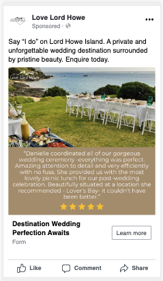 Love Lord Howe Meta ad — testimonial creative with real bride quote about wedding ceremony and picnic lunch