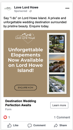 Love Lord Howe Meta ad — Unforgettable Elopements Now Available on Lord Howe Island