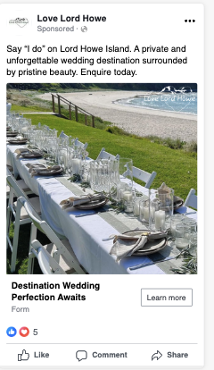 Love Lord Howe Meta ad — island reception table setting, destination wedding perfection awaits
