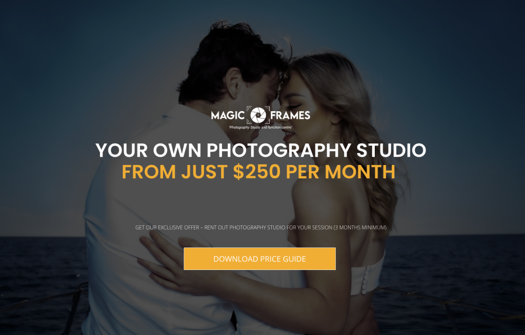 Magic Frames landing page — Your Own Photography Studio From Just $250 Per Month, download price guide