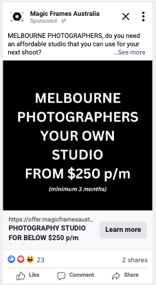 Magic Frames Meta ad — Melbourne Photographers Your Own Studio From $250 p/m minimum 3 months