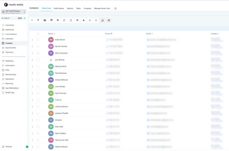 Mel Cieslik GoHighLevel CRM Contacts dashboard showing full lead list with phone, email and contact details