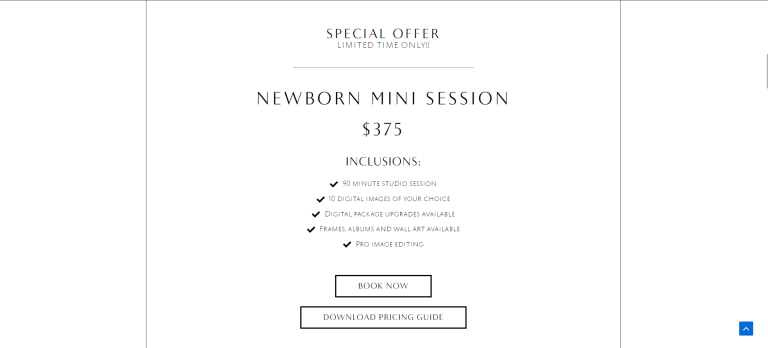 Mel Cieslik offer landing page — Special Offer Newborn Mini Session $375, 90 minute studio session, 10 digital images, book now or download pricing guide