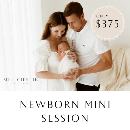 Mel Cieslik Meta ad — family of three with newborn, Only $375 Newborn Mini Session badge