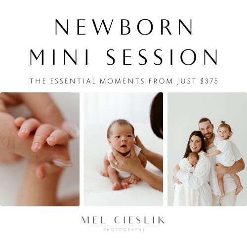 Mel Cieslik Meta ad — 3-panel newborn collage, The Essential Moments From Just $375