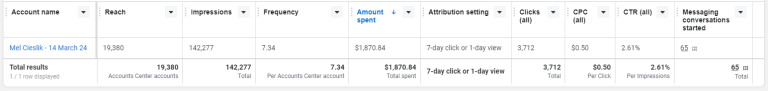 Mel Cieslik Meta campaign dashboard — 19,380 reach, 142,277 impressions, $1,870 spent, $0.50 CPC, 2.61% CTR, 65 messaging conversations