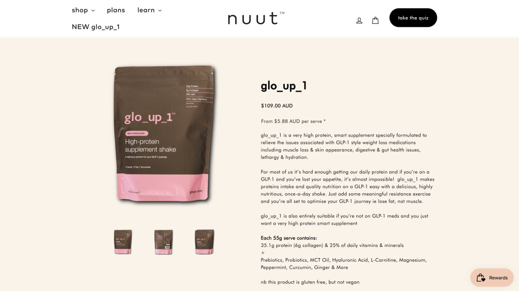 glo_up_1 product page — $109 AUD high-protein supplement shake