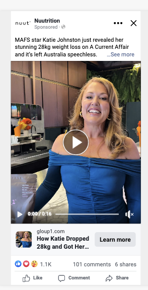Nuut — Katie MAFS video ad — 28kg weight loss ACA reveal