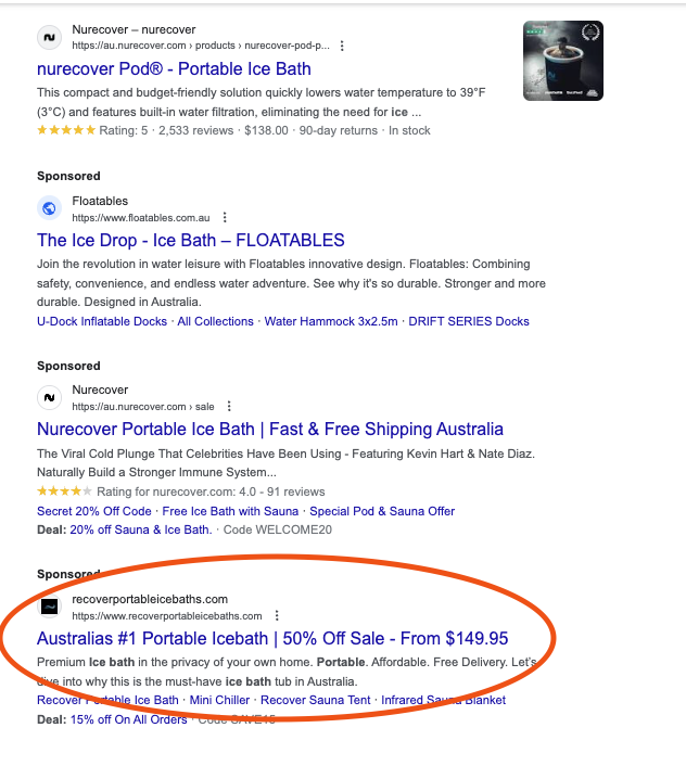 Recover Google Search ad — Australia's #1 Ice Bath with 50% OFF offer