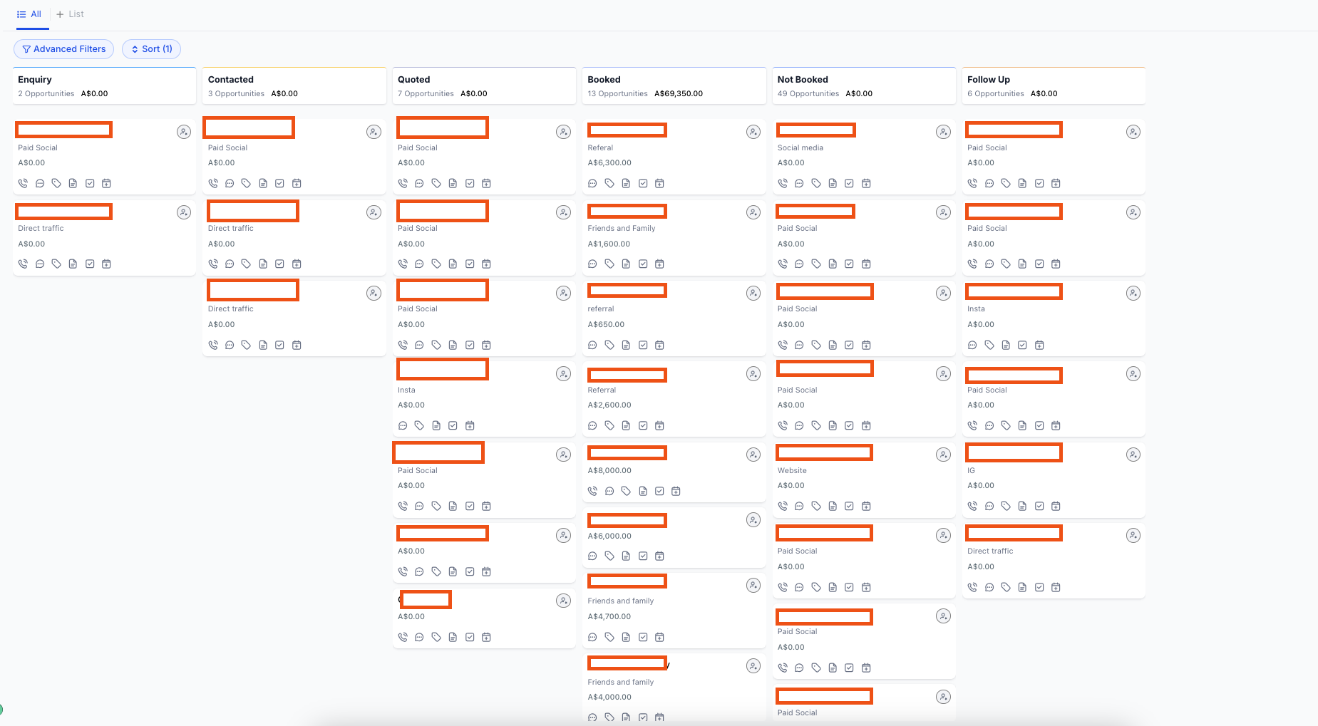 Shutter Stories CRM pipeline — Enquiry, Contacted, Quoted, Booked, Follow-up kanban
