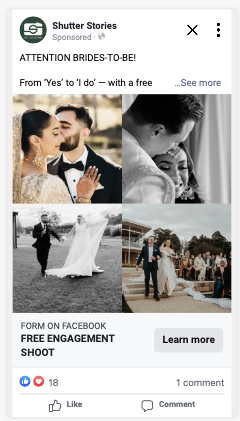 Shutter Stories Facebook ad — engagement shoot 4-up carousel collage