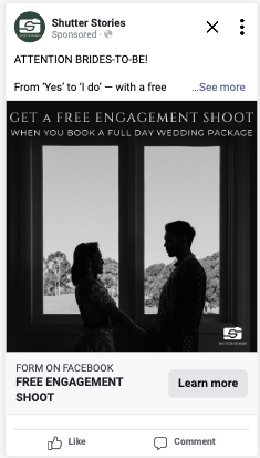 Shutter Stories Facebook ad — silhouette couple free engagement shoot