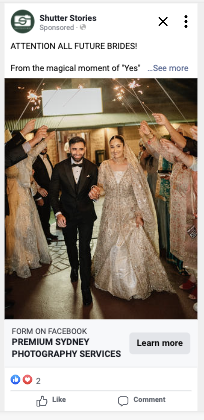Shutter Stories Facebook ad — sparkler exit cultural wedding creative