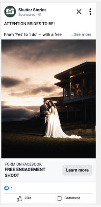 Shutter Stories Facebook ad — sunset wedding free engagement shoot
