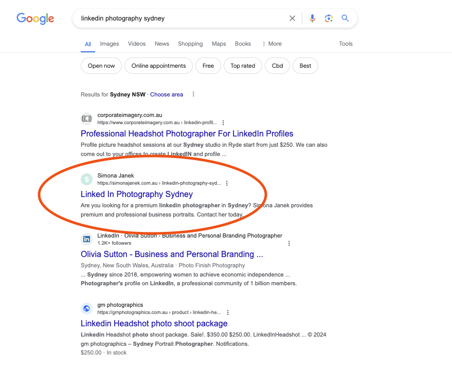Simona Janek ranked #2 on Google for 'linkedin photography sydney'