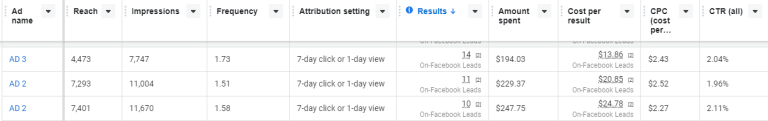 Meta Ads Manager — ad-level breakdown (Ad 3, Ad 2 performance)
