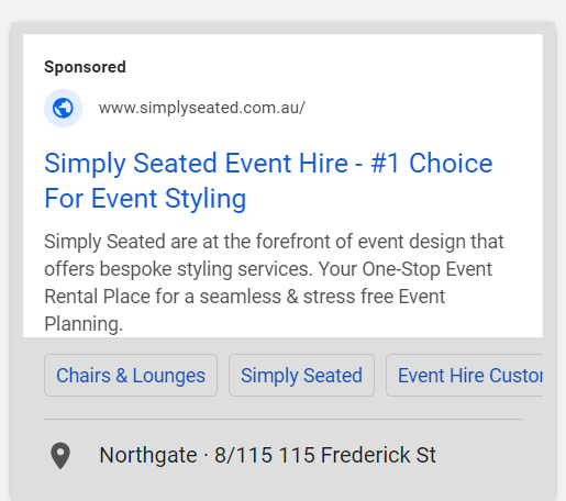 Google Search ad preview — Simply Seated #1 Choice For Event Styling