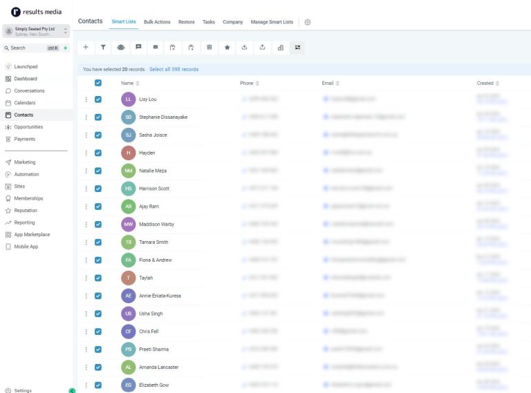 Results Media CRM showing 398 Simply Seated leads captured