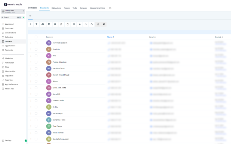 Sunday Feels GHL CRM contacts — Meta and Google leads synced for follow-up