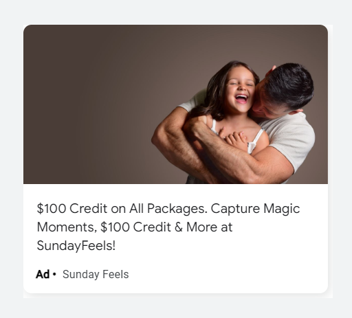 Sunday Feels Google Search ad — $100 credit on all packages