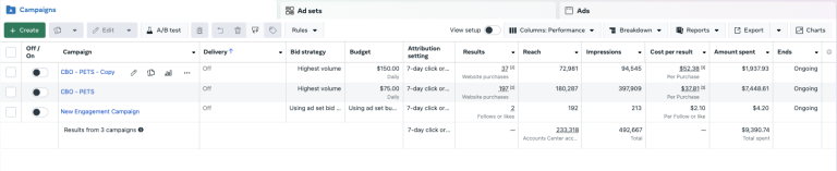 The Anti Bark Zone Meta Ads account 2 — CBO PETS testing, 197 purchases
