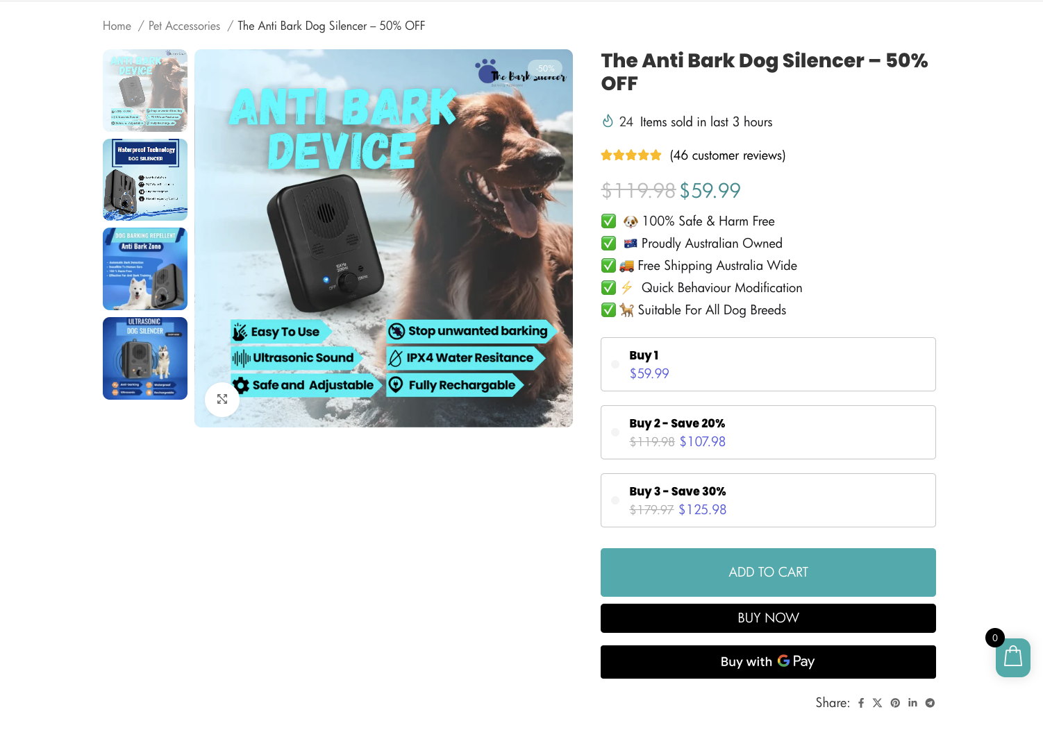 The Anti Bark Zone Shopify product page — $59.99 with 50% off, quantity upsells, 4.6-star reviews