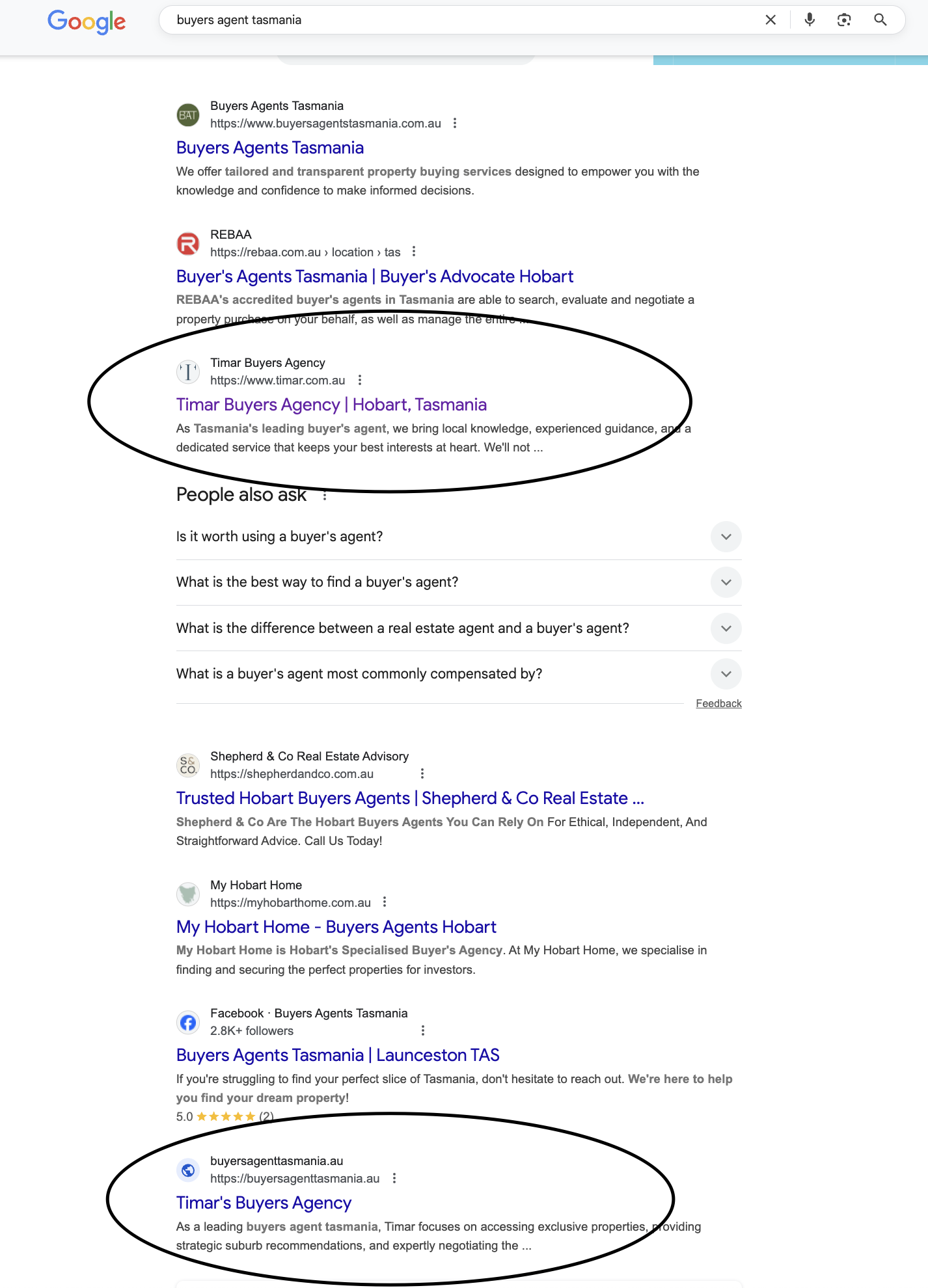Timar Agency SEO rankings — Tasmania buyers agent keyword #3 on main site plus second-site page 1 ranking