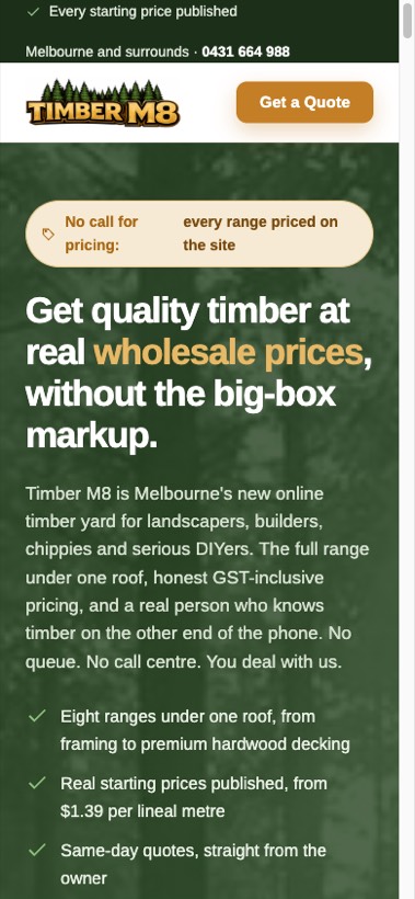Timber M8 landing page on mobile