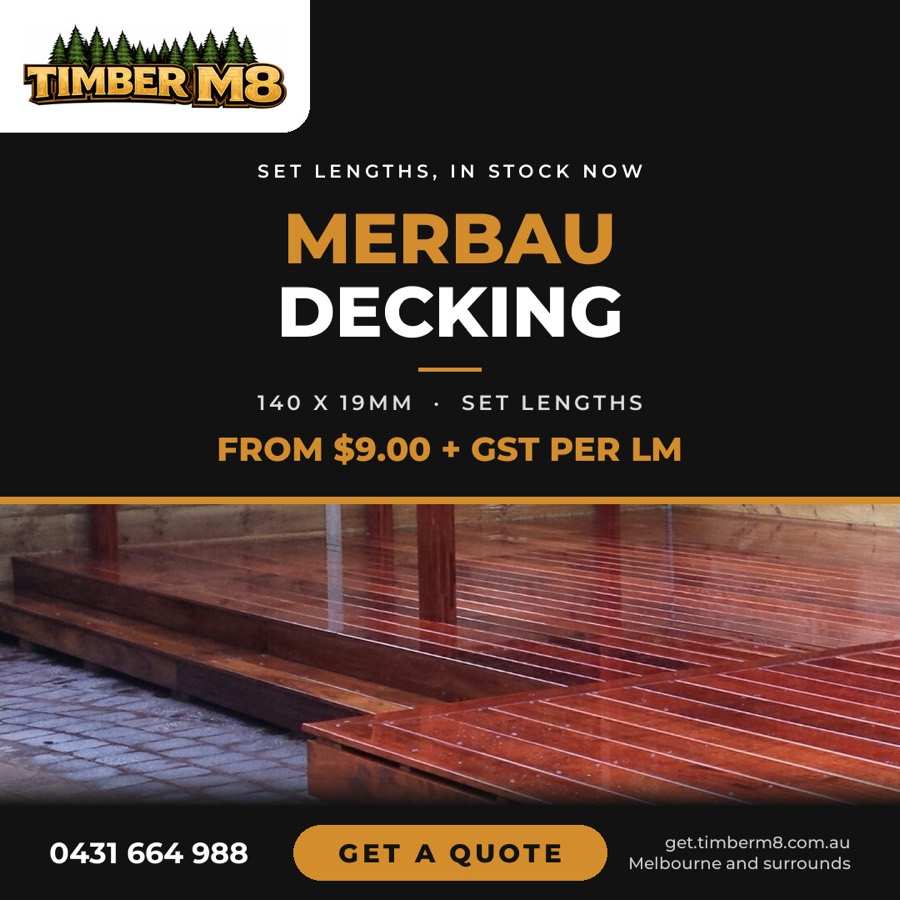 Timber M8 Facebook ad - Merbau decking 140 x 19 set lengths