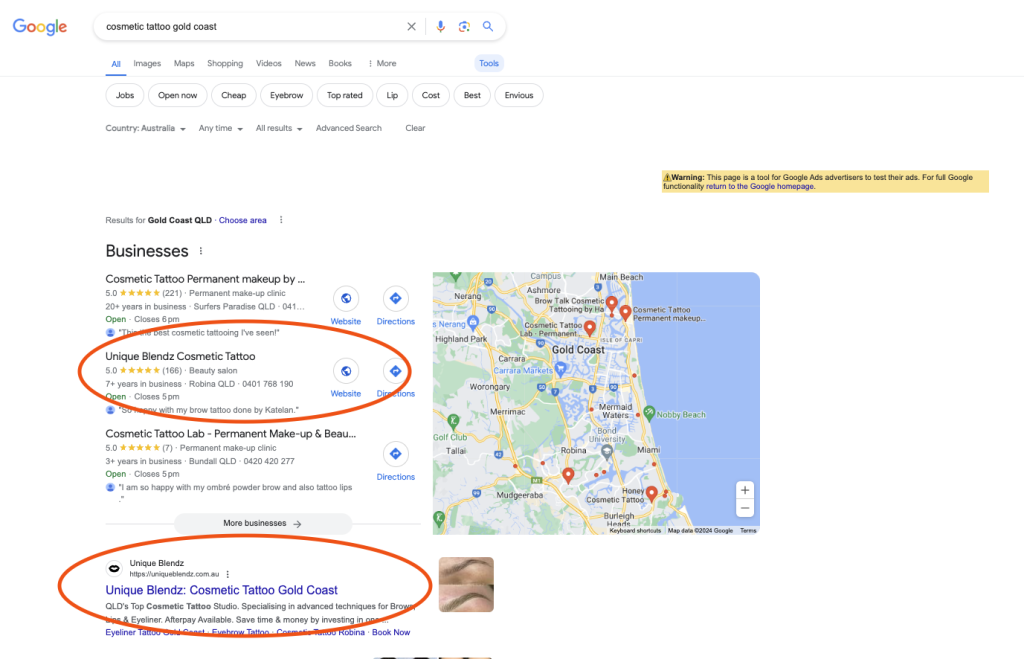 Unique Blendz — Google SERP showing #1 ranking for Cosmetic Tattoo Gold Coast